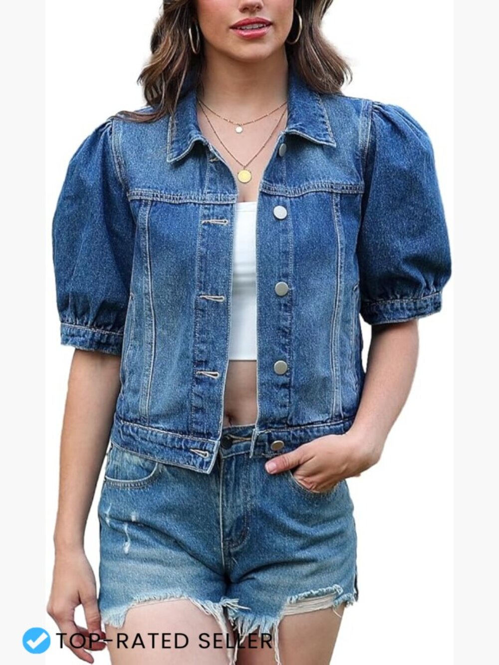 Cropped Denim Jacket Women Short Puff Sleeve Trendy Y2K Cute Jean Jacket